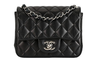 Mini Classic Square Single Flap, &pound;2,600, Handbags, Black, Lambskin Leather, Front view
